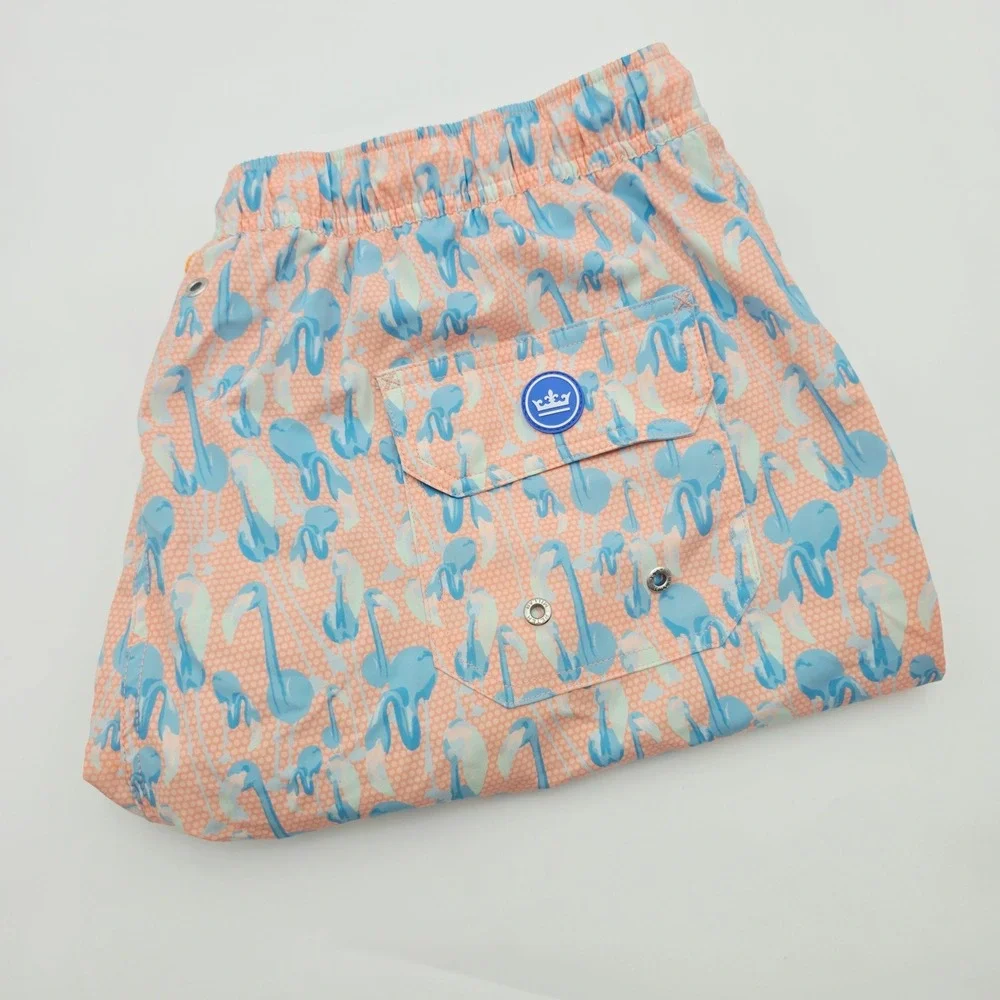 Peter Millar Mens Flamingo Print Swim Trunks Peach Blue Board Shorts Large